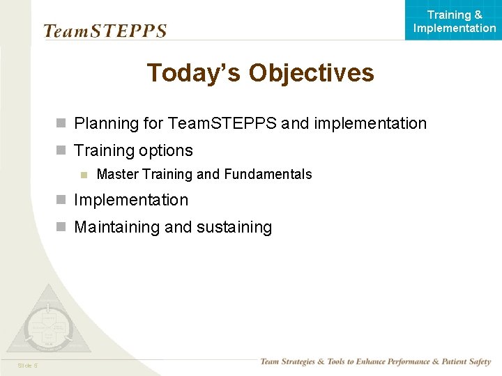 Training & Implementation Today’s Objectives n Planning for Team. STEPPS and implementation n Training
