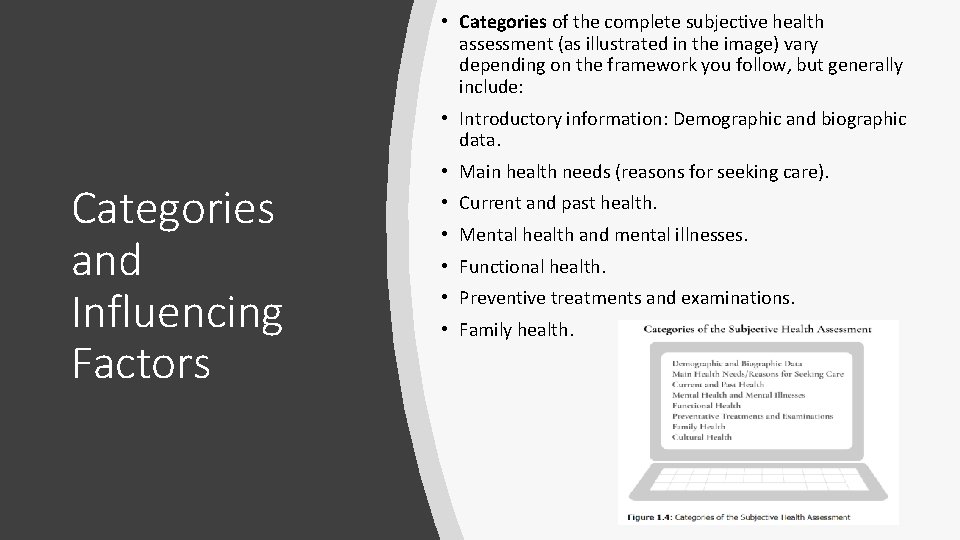  • Categories of the complete subjective health assessment (as illustrated in the image)