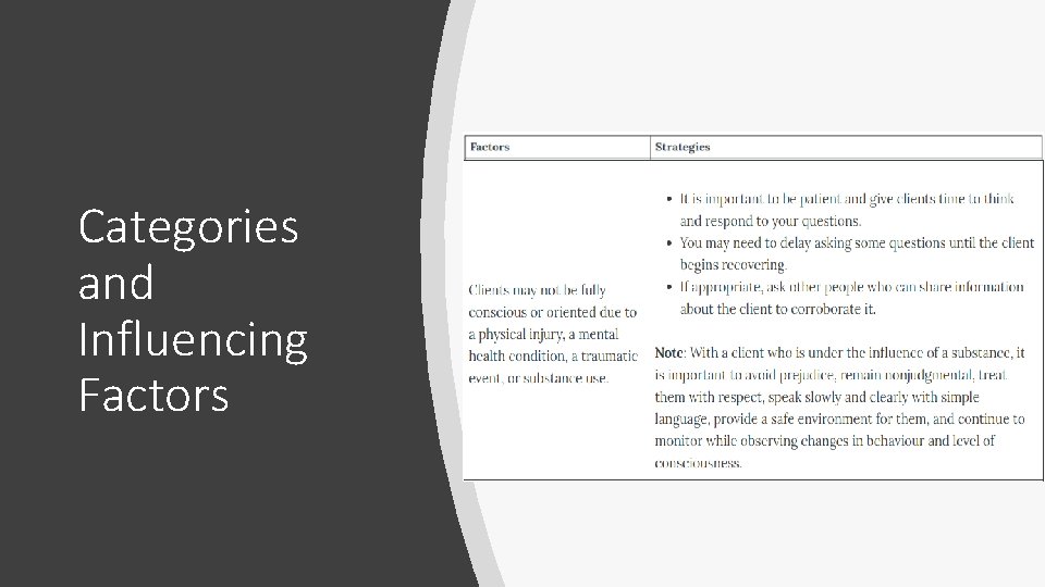 Categories and Influencing Factors Categories and Influencing Factors