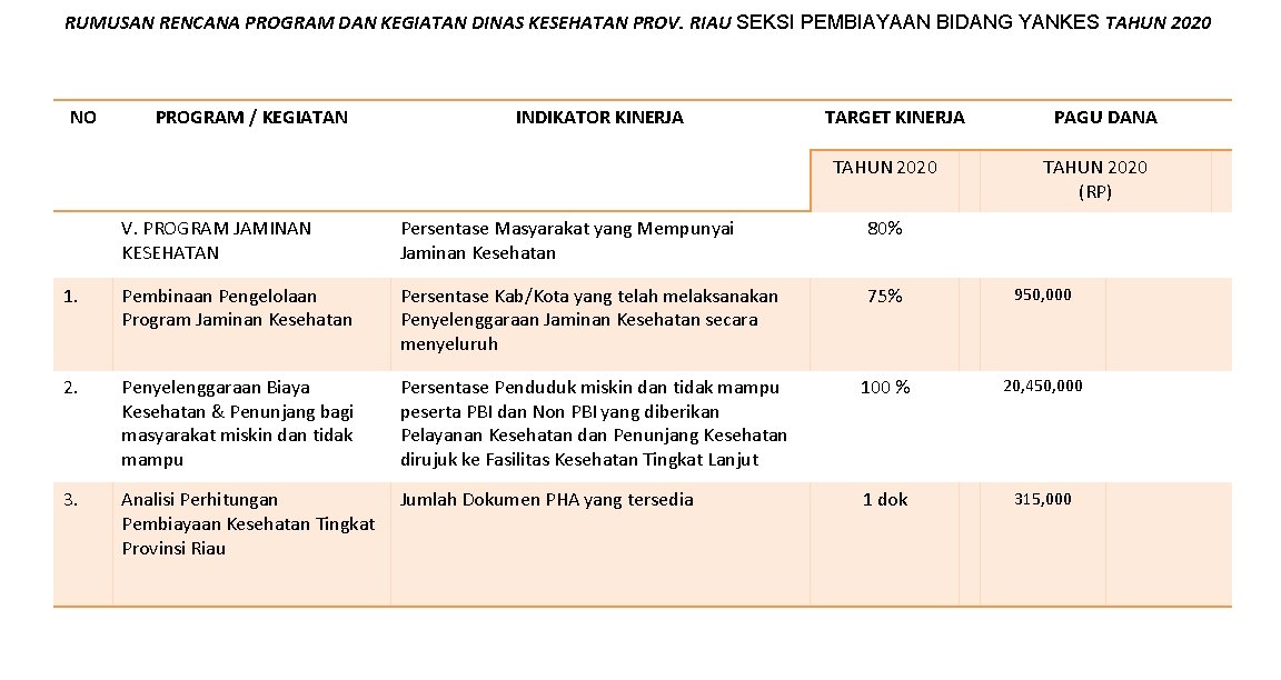 RUMUSAN RENCANA PROGRAM DAN KEGIATAN DINAS KESEHATAN PROV. RIAU SEKSI PEMBIAYAAN BIDANG YANKES TAHUN