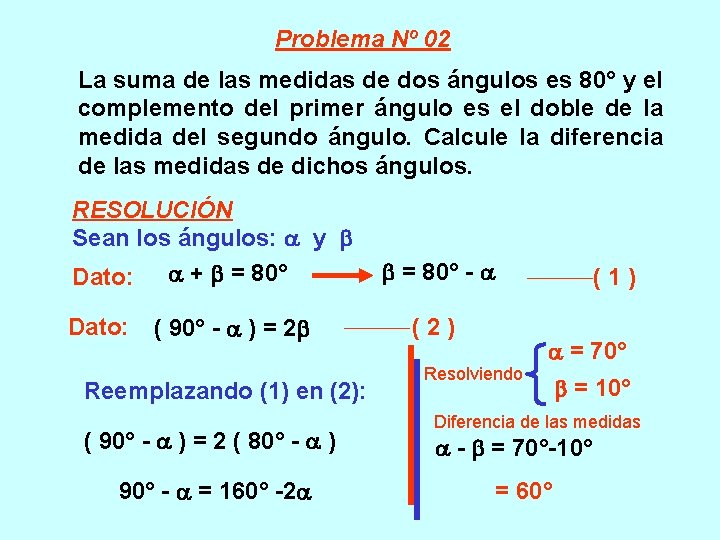 Problema Nº 02 La suma de las medidas de dos ángulos es 80° y