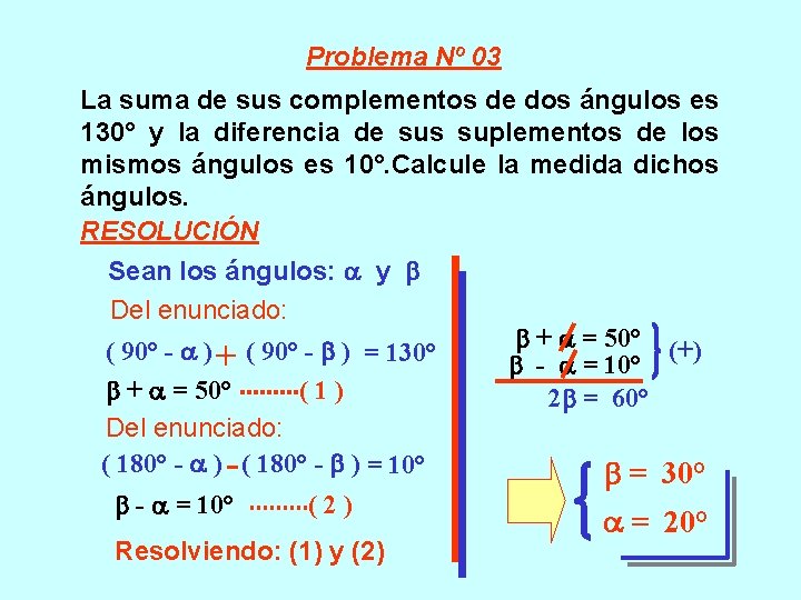 Problema Nº 03 La suma de sus complementos de dos ángulos es 130° y