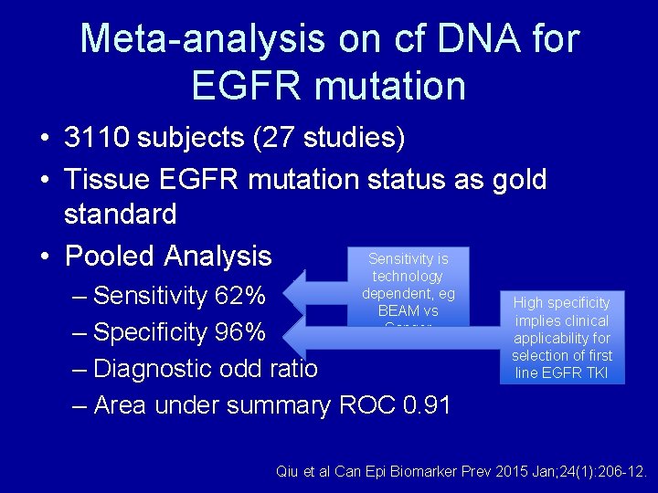 Meta-analysis on cf DNA for EGFR mutation • 3110 subjects (27 studies) • Tissue