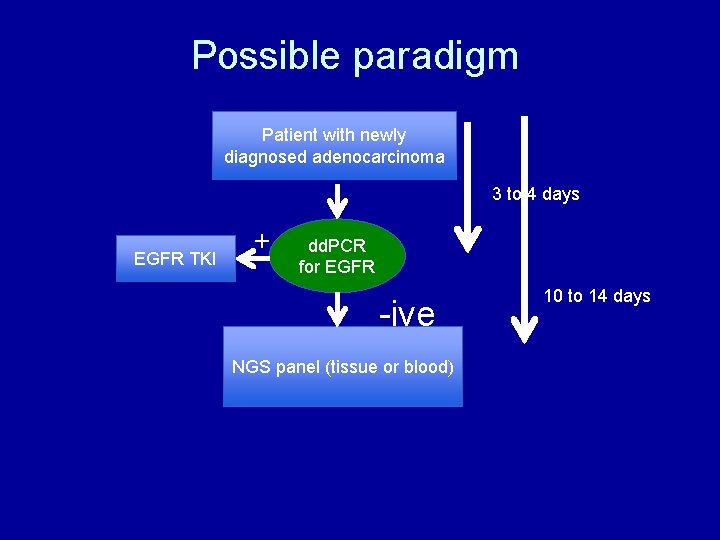 Possible paradigm Patient with newly diagnosed adenocarcinoma 3 to 4 days EGFR TKI +