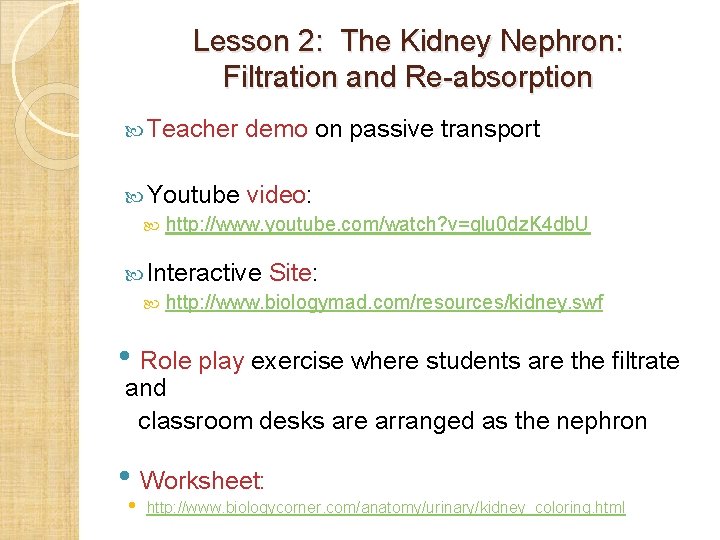 Lesson 2: The Kidney Nephron: Filtration and Re-absorption Teacher demo on passive transport Youtube