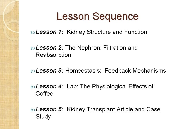 Lesson Sequence Lesson 1: Kidney Structure and Function Lesson 2: The Nephron: Filtration and