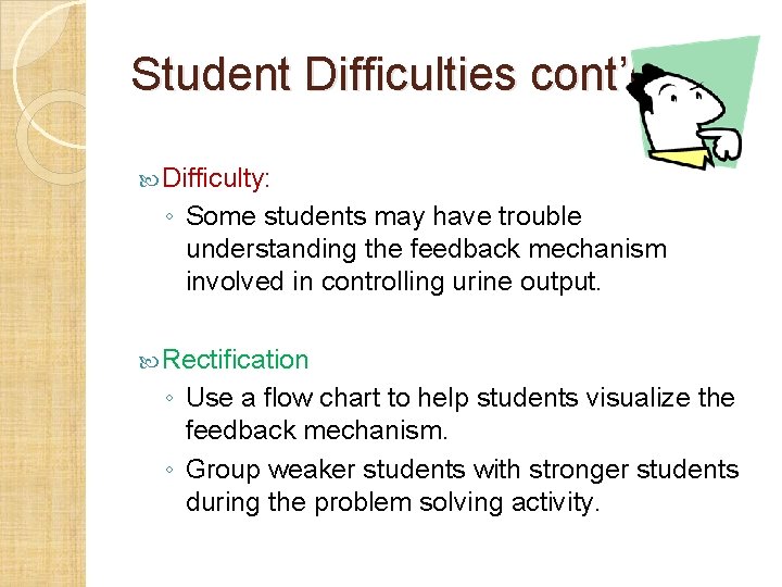 Student Difficulties cont’d Difficulty: ◦ Some students may have trouble understanding the feedback mechanism