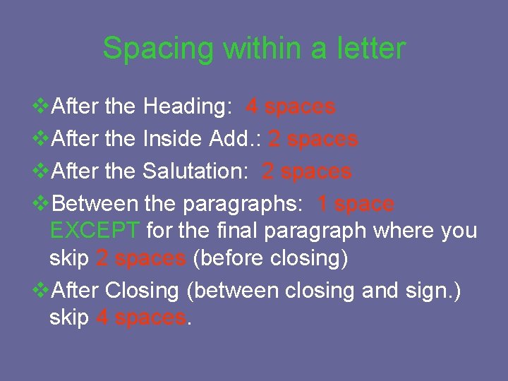 Spacing within a letter v. After the Heading: 4 spaces v. After the Inside