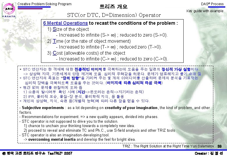 Creative Problem Solving Program 트리즈 개요 STC(or DTC, D=Dimension) Operator DAS® Process Key guide Creative Problem Solving Program 트리즈 개요 STC(or DTC, D=Dimension) Operator DAS® Process Key guide