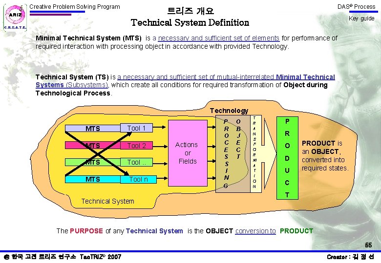 Creative Problem Solving Program DAS® Process 트리즈 개요 Technical System Definition Key guide Minimal Creative Problem Solving Program DAS® Process 트리즈 개요 Technical System Definition Key guide Minimal