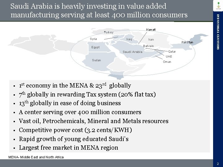Kuwait Turkey Syria Iraq Iran Pakistan Bahrain Egypt Saudi Arabia Qatar INDUSTRIAL CLUSTERS Saudi Kuwait Turkey Syria Iraq Iran Pakistan Bahrain Egypt Saudi Arabia Qatar INDUSTRIAL CLUSTERS Saudi