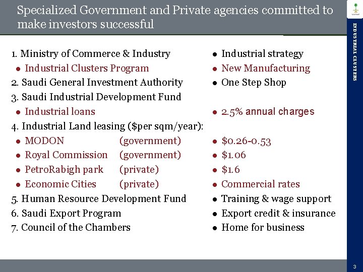 1. Ministry of Commerce & Industry l Industrial Clusters Program 2. Saudi General Investment 1. Ministry of Commerce & Industry l Industrial Clusters Program 2. Saudi General Investment
