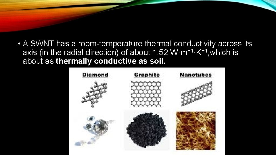  • A SWNT has a room-temperature thermal conductivity across its axis (in the