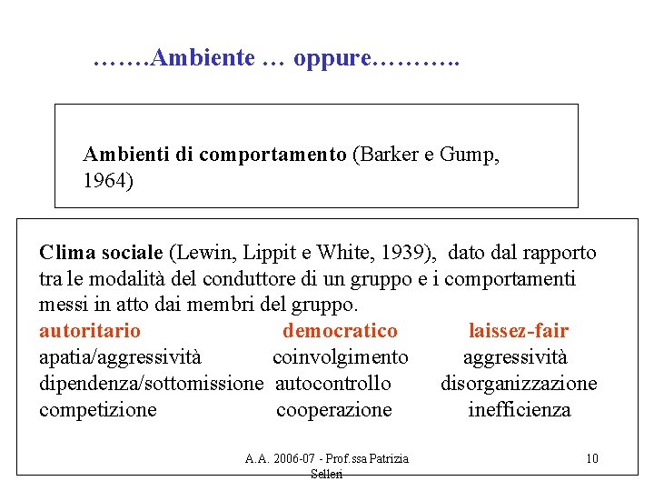 ……. Ambiente … oppure………. . Ambienti di comportamento (Barker e Gump, 1964) Clima sociale