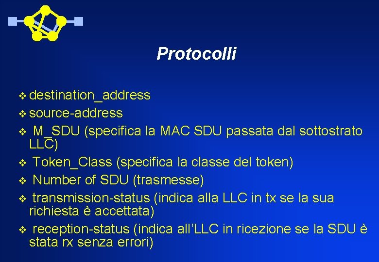 Protocolli v destination_address v source-address M_SDU (specifica la MAC SDU passata dal sottostrato LLC)