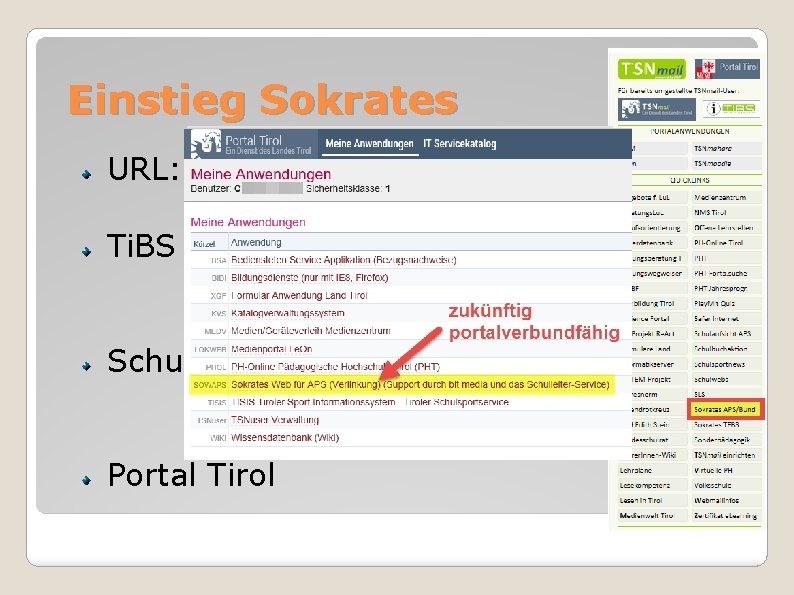 Einstieg Sokrates URL: www. sokrates-web. at/tirol Ti. BS - Quicklinks: Schulleiter. Innen-Service Portal Tirol