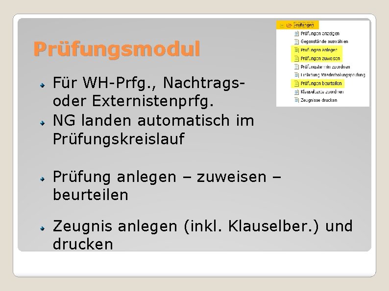 Prüfungsmodul Für WH-Prfg. , Nachtragsoder Externistenprfg. NG landen automatisch im Prüfungskreislauf Prüfung anlegen –