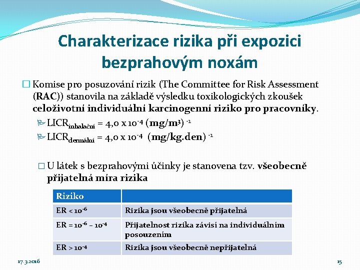 Charakterizace rizika při expozici bezprahovým noxám � Komise pro posuzování rizik (The Committee for