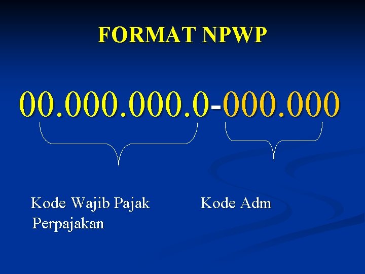 FORMAT NPWP 00. 000. 0 -000. 000 Kode Wajib Pajak Perpajakan Kode Adm 