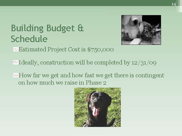 14 Building Budget & Schedule Estimated Project Cost is $750, 000 Ideally, construction will