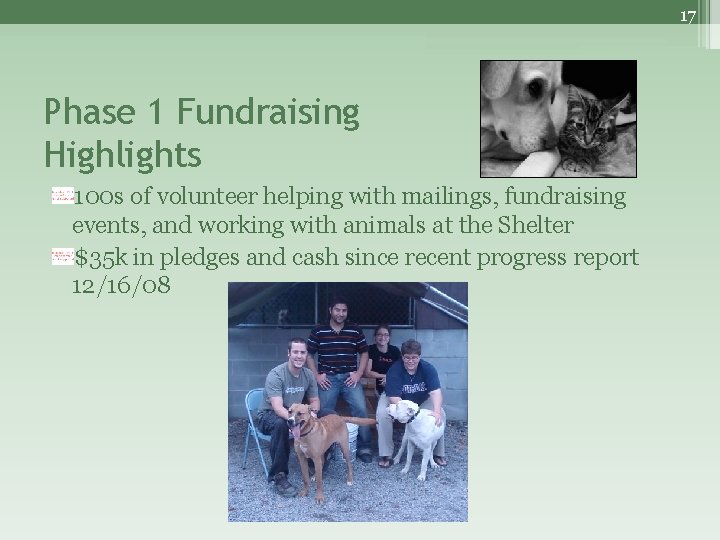 17 Phase 1 Fundraising Highlights 100 s of volunteer helping with mailings, fundraising events,