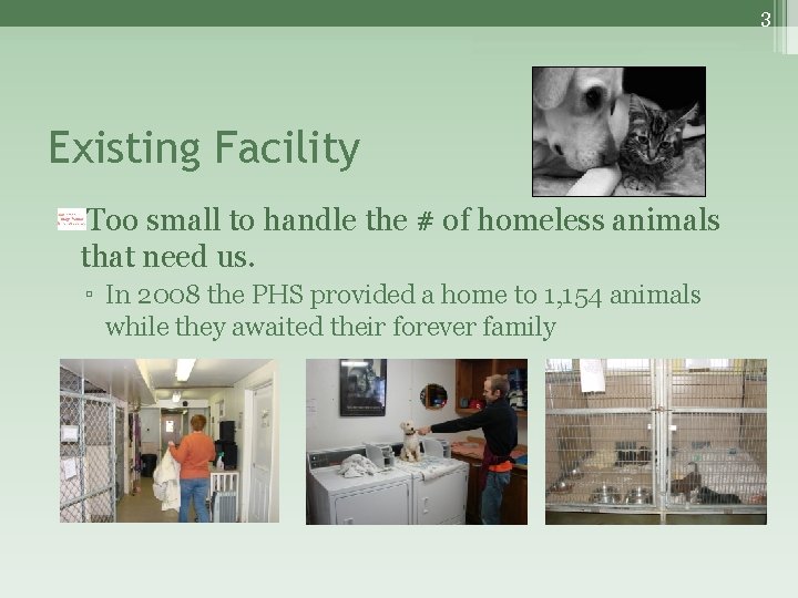 3 Existing Facility Too small to handle the # of homeless animals that need