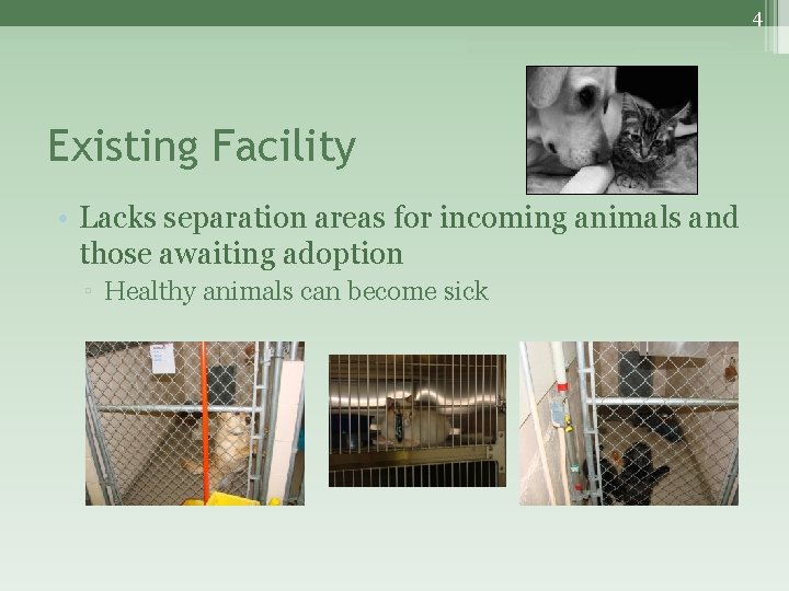 4 Existing Facility • Lacks separation areas for incoming animals and those awaiting adoption