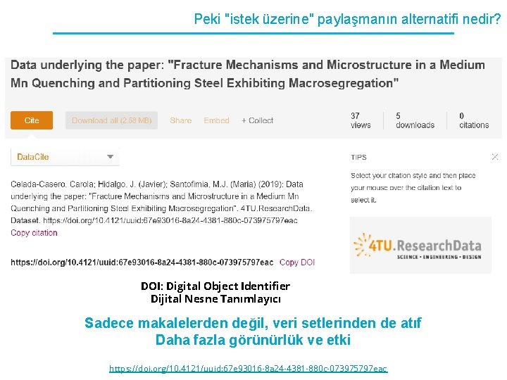 Peki "istek üzerine" paylaşmanın alternatifi nedir? DOI: Digital Object Identifier Dijital Nesne Tanımlayıcı Sadece