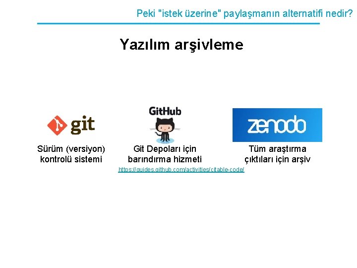 Peki "istek üzerine" paylaşmanın alternatifi nedir? Yazılım arşivleme Sürüm (versiyon) kontrolü sistemi Git Depoları