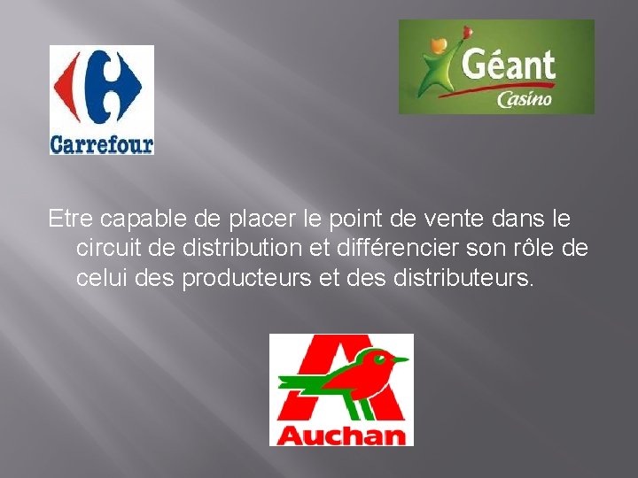 Etre capable de placer le point de vente dans le circuit de distribution et