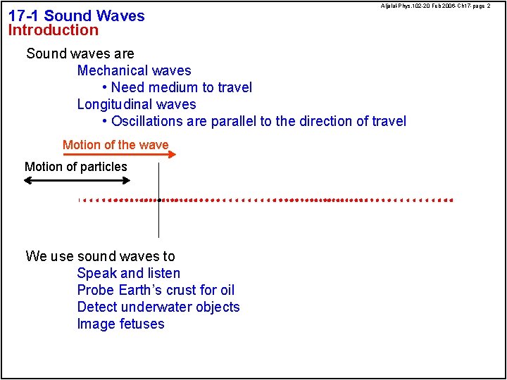 17 -1 Sound Waves Introduction Aljalal-Phys. 102 -20 Feb 2006 -Ch 17 -page 2