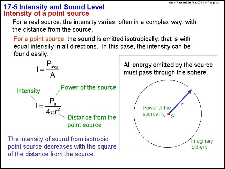 17 -5 Intensity and Sound Level Intensity of a point source Aljalal-Phys. 102 -20