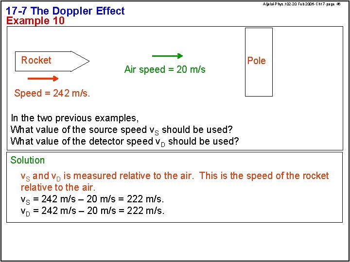 17 -7 The Doppler Effect Example 10 Rocket Air speed = 20 m/s Aljalal-Phys.