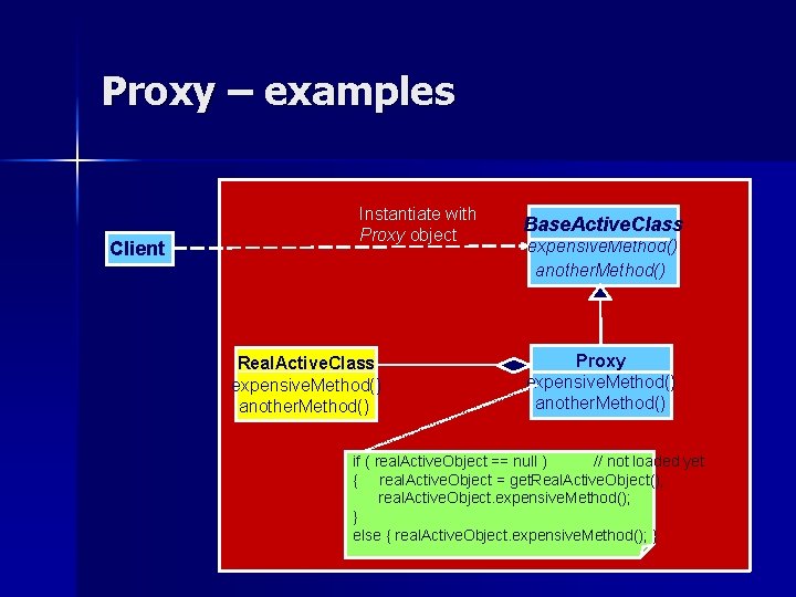 Proxy – examples Client Instantiate with Proxy object Real. Active. Class expensive. Method() another.