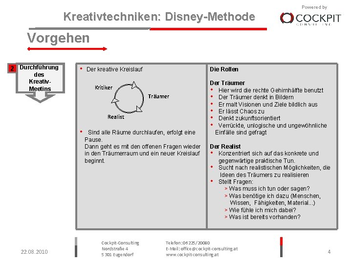 Kreativtechniken: Disney-Methode Powered by Vorgehen 2 Durchführung des Kreativ. Meetins • Der kreative Kreislauf