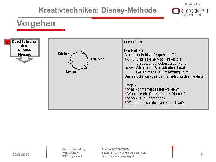 Kreativtechniken: Disney-Methode Powered by Vorgehen 2 Durchführung des Kreativ. Meetins Die Rollen Kritiker Träumer