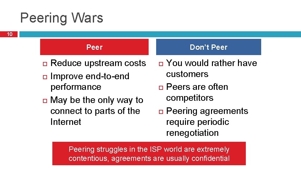 Peering Wars 10 Peer Reduce upstream costs Improve end-to-end performance May be the only