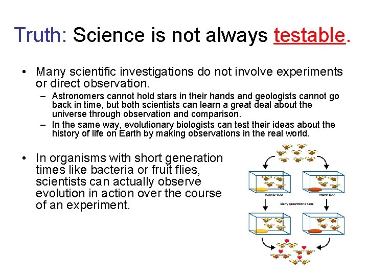 Truth: Science is not always testable. • Many scientific investigations do not involve experiments