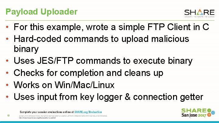 Payload Uploader • For this example, wrote a simple FTP Client in C •