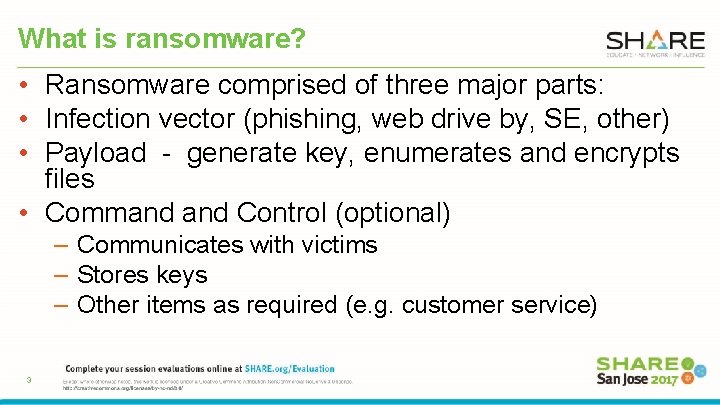 What is ransomware? • Ransomware comprised of three major parts: • Infection vector (phishing,