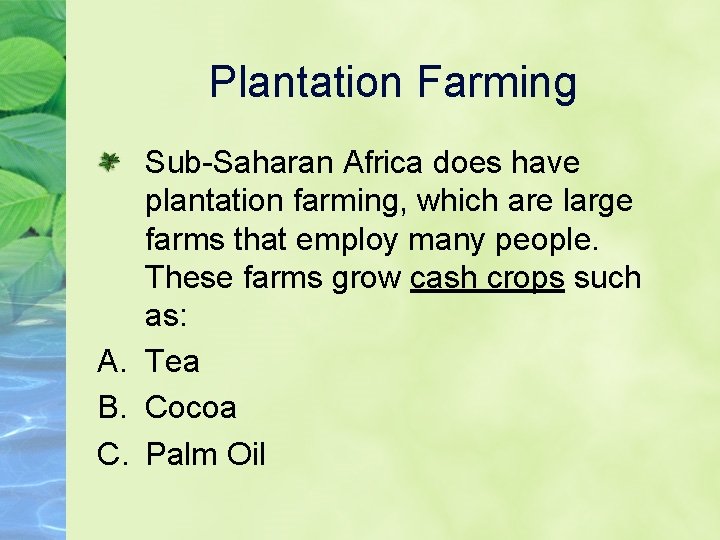 Plantation Farming Sub-Saharan Africa does have plantation farming, which are large farms that employ