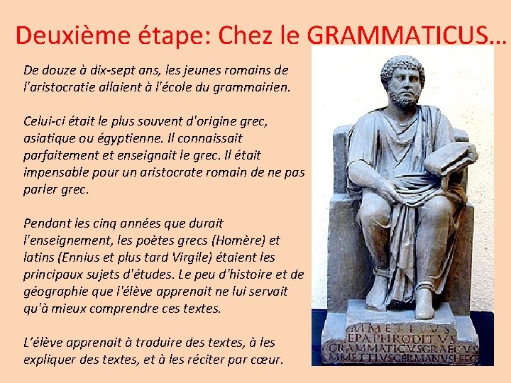 Deuxième étape: Chez le GRAMMATICUS… De douze à dix-sept ans, les jeunes romains de