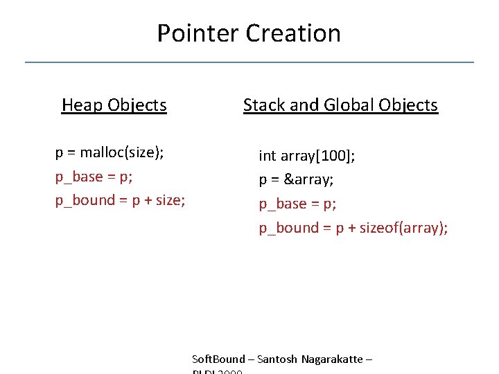Pointer Creation Heap Objects p = malloc(size); p_base = p; p_bound = p +