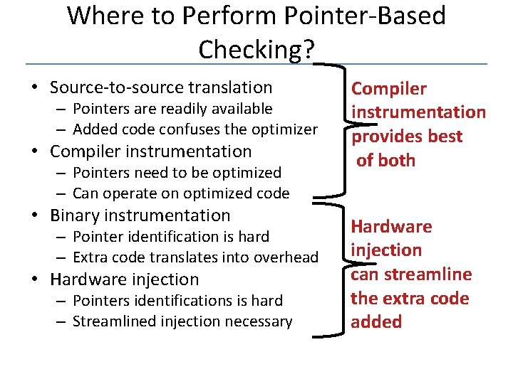 Where to Perform Pointer-Based Checking? • Source-to-source translation – Pointers are readily available –