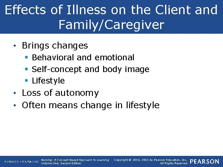 Effects of Illness on the Client and Family/Caregiver • Brings changes § Behavioral and