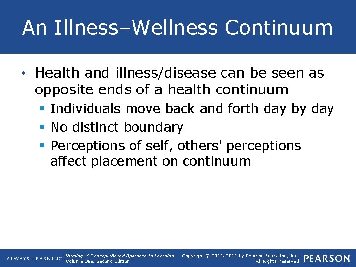 An Illness–Wellness Continuum • Health and illness/disease can be seen as opposite ends of