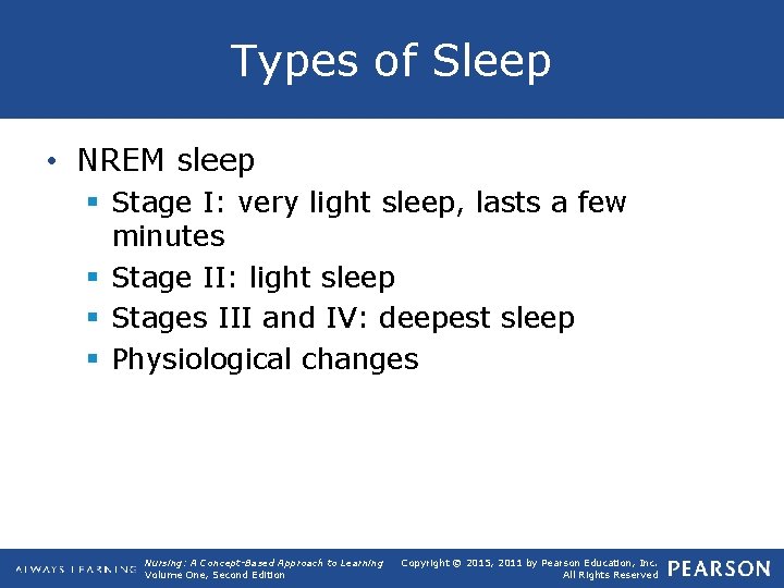 Types of Sleep • NREM sleep § Stage I: very light sleep, lasts a