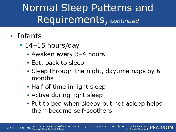 Normal Sleep Patterns and Requirements, continued • Infants § 14– 15 hours/day • Awaken