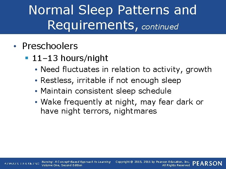 Normal Sleep Patterns and Requirements, continued • Preschoolers § 11– 13 hours/night • •