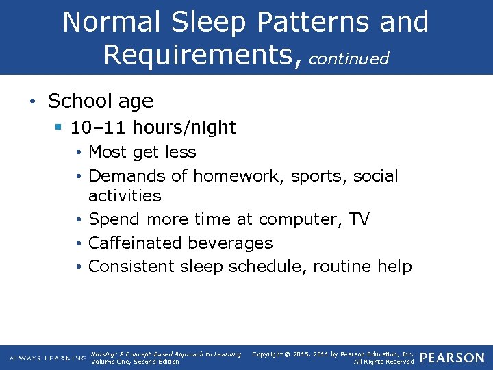 Normal Sleep Patterns and Requirements, continued • School age § 10– 11 hours/night •